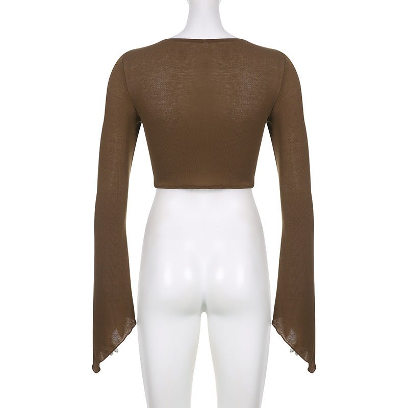 American street style low V - neck long - sleeved T-shirt fishbone waist irregular slim pleated belly - baring top - Negative Apparel