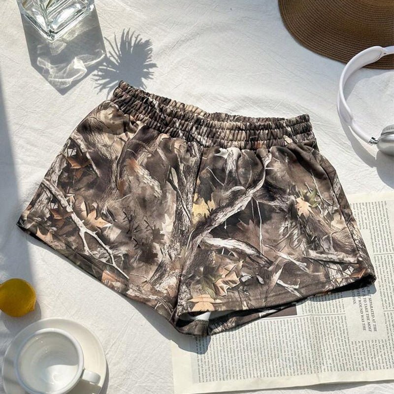 an and n patterned shorts beach pants 2025 summer new elastic milk silk hot pants A - line pants for women - Negative Apparel