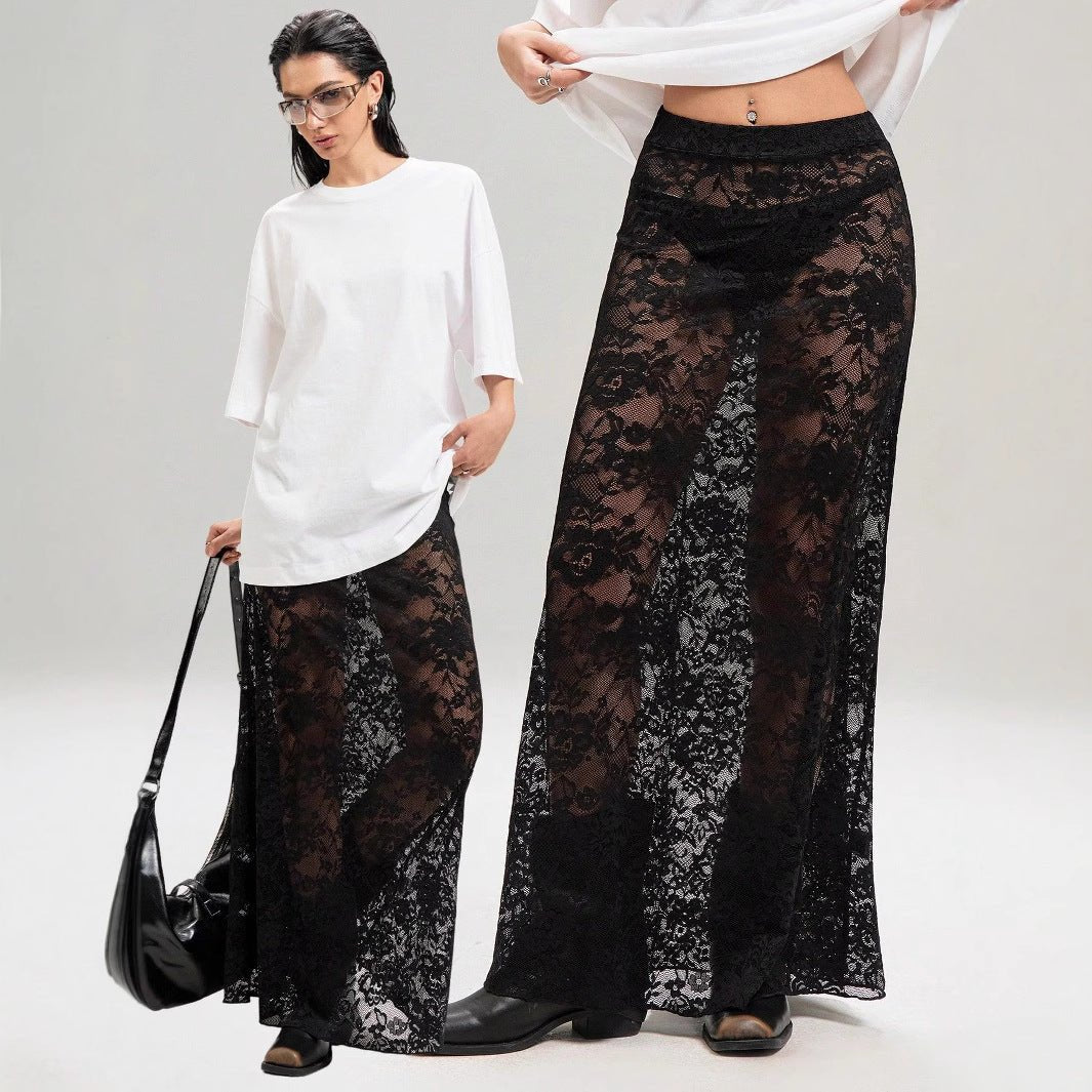 an and n style 2025 summer new women's clothing solid color slim - fit hip - wrapped street fashion high - waisted lace skirt - Negative Apparel