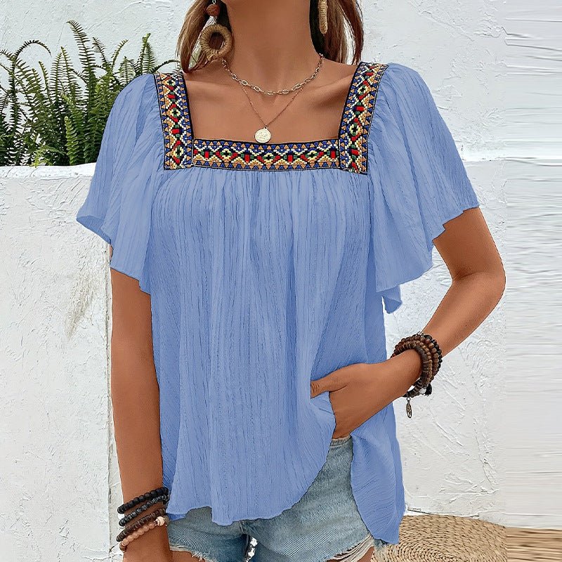 an and n summer vacation lace embroidery square collar shirt pullover lotus leaf short sleeve backless shirt women's clothing - Negative Apparel