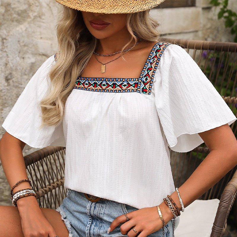 an and n summer vacation lace embroidery square collar shirt pullover lotus leaf short sleeve backless shirt women's clothing - Negative Apparel