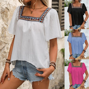 an and n summer vacation lace embroidery square collar shirt pullover lotus leaf short sleeve backless shirt women's clothing - Negative Apparel