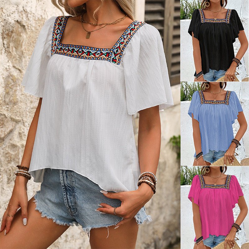 an and n summer vacation lace embroidery square collar shirt pullover lotus leaf short sleeve backless shirt women's clothing - Negative Apparel