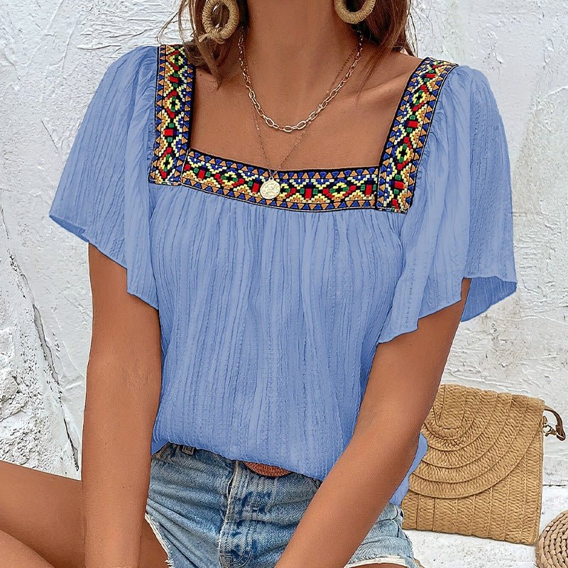 an and n summer vacation lace embroidery square collar shirt pullover lotus leaf short sleeve backless shirt women's clothing - Negative Apparel