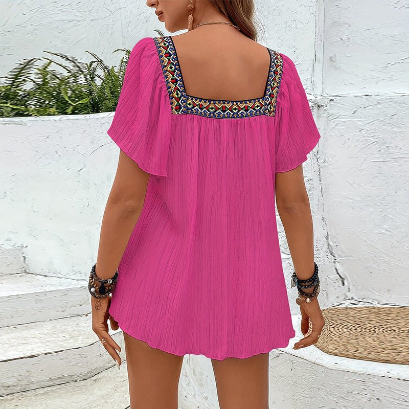 an and n summer vacation lace embroidery square collar shirt pullover lotus leaf short sleeve backless shirt women's clothing - Negative Apparel