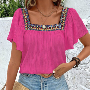 an and n summer vacation lace embroidery square collar shirt pullover lotus leaf short sleeve backless shirt women's clothing - Negative Apparel