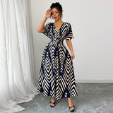 an and n temperament twill dress 2025 summer new ebay short - sleeved waist large swing skirt female - Negative Apparel