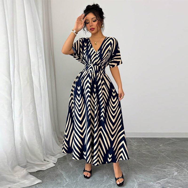 an and n temperament twill dress 2025 summer new ebay short - sleeved waist large swing skirt female - Negative Apparel