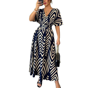 an and n temperament twill dress 2025 summer new ebay short - sleeved waist large swing skirt female - Negative Apparel