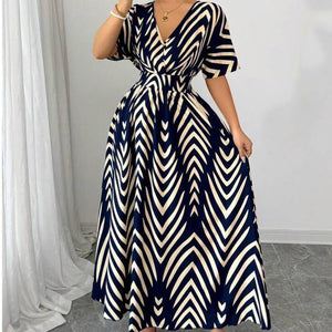 an and n temperament twill dress 2025 summer new ebay short - sleeved waist large swing skirt female - Negative Apparel