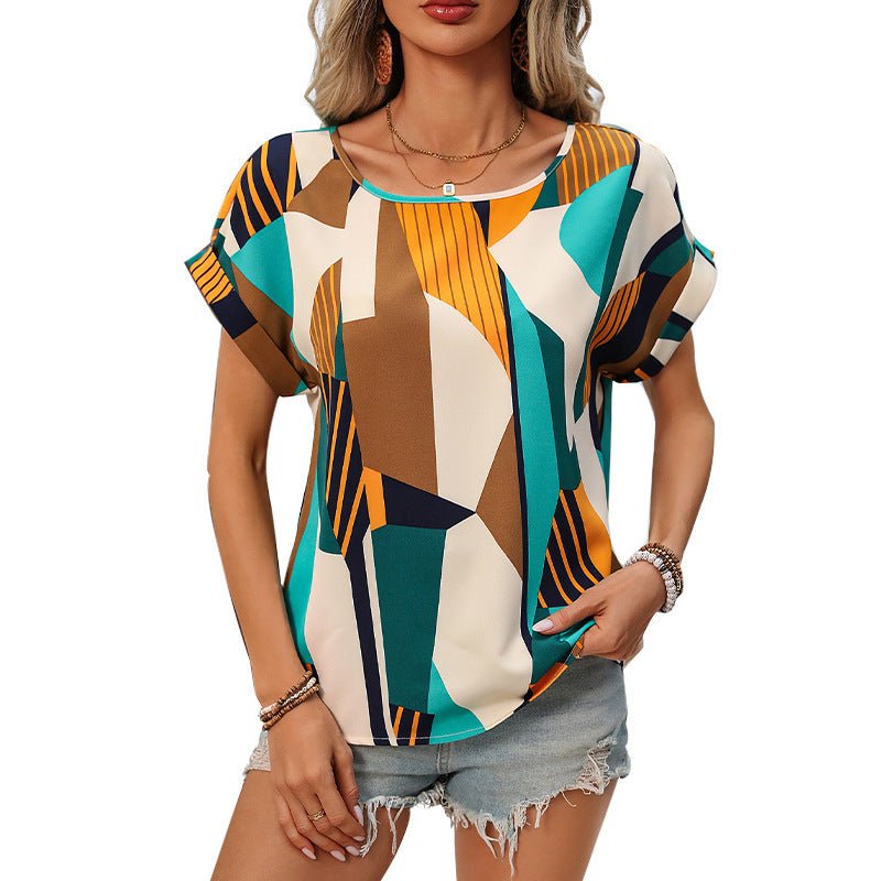 an and n travel vacation pattern shirt women's summer temperament curling short - sleeved round neck pullover shirt - Negative Apparel