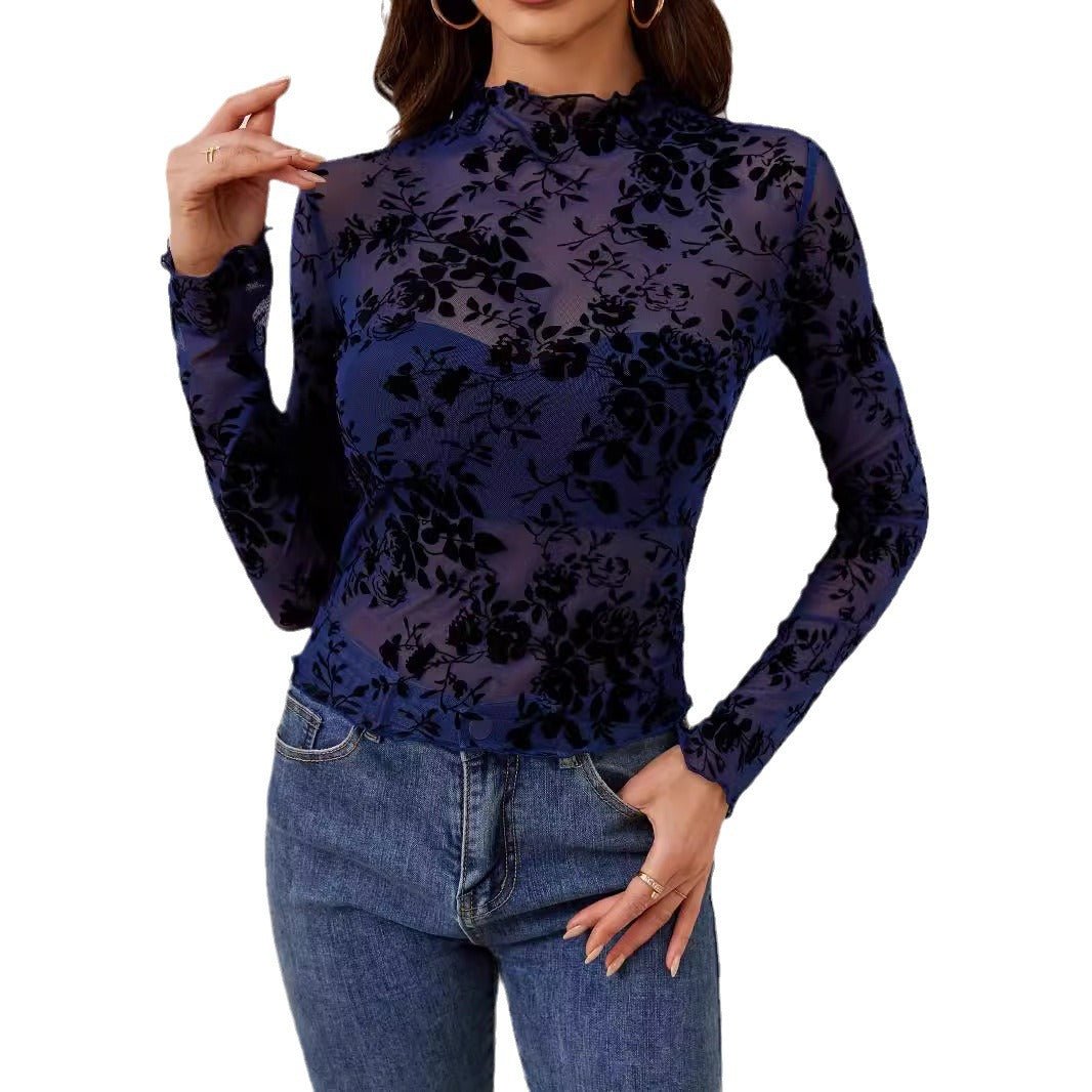and the 2025 new sexy single - layer brateless stand - up collar mesh bottoming shirt top women's T-shirt - Negative Apparel