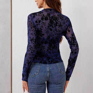 and the 2025 new sexy single - layer brateless stand - up collar mesh bottoming shirt top women's T-shirt - Negative Apparel