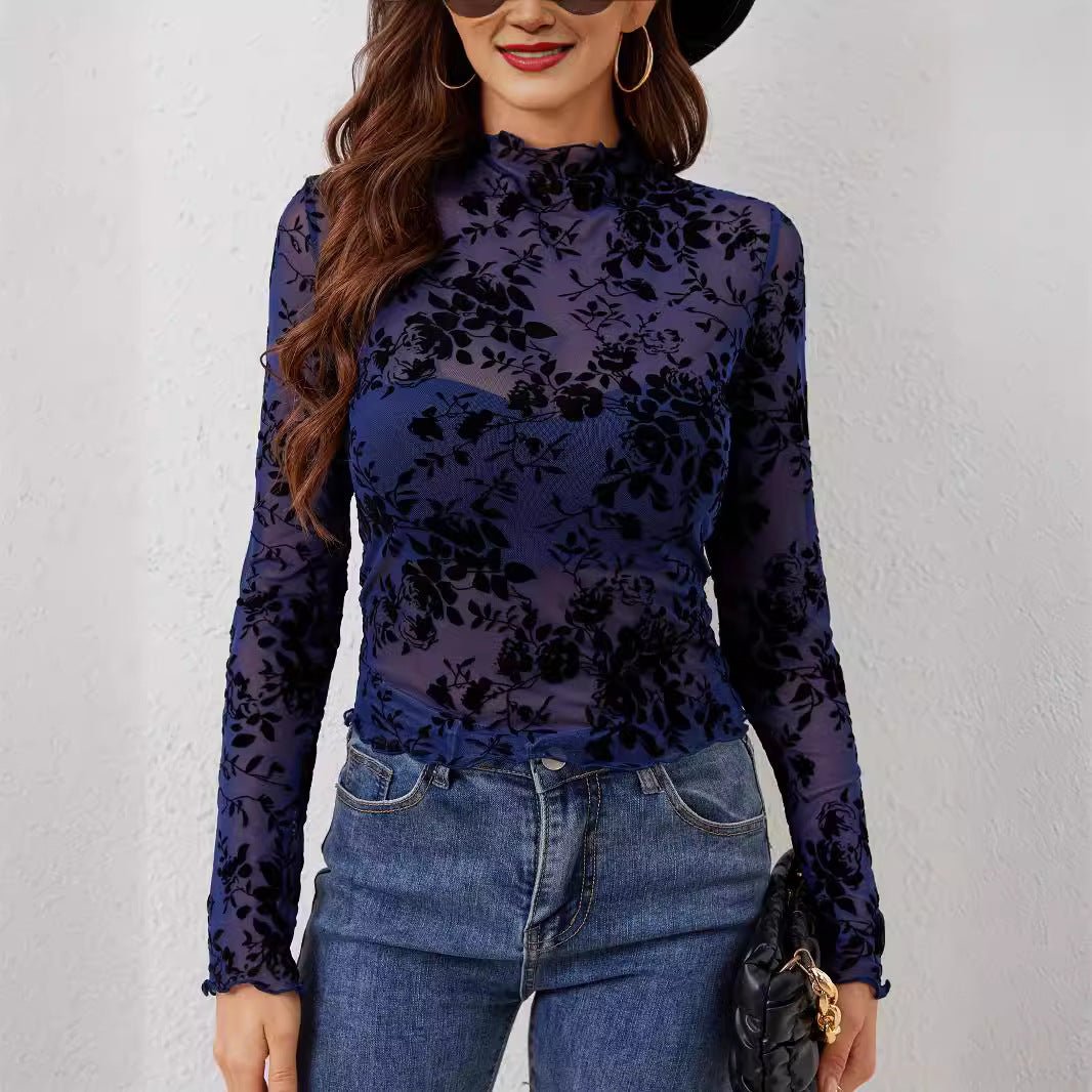 and the 2025 new sexy single - layer brateless stand - up collar mesh bottoming shirt top women's T-shirt - Negative Apparel