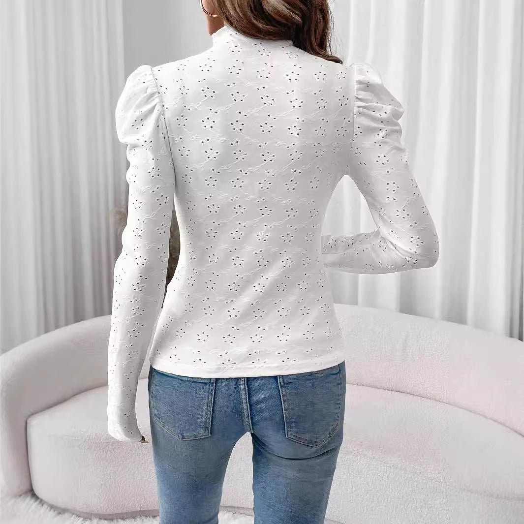 and the 2025 spring elegant women's solid color wood ear edge embroidery fabric slim long - sleeved T-shirt top women - Negative Apparel