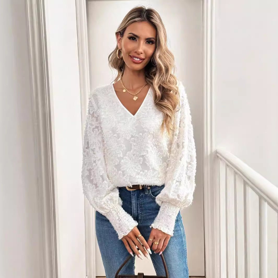 and the 2025 spring new women's V - neck lantern sleeve embroidery casual romantic white shirt top - Negative Apparel