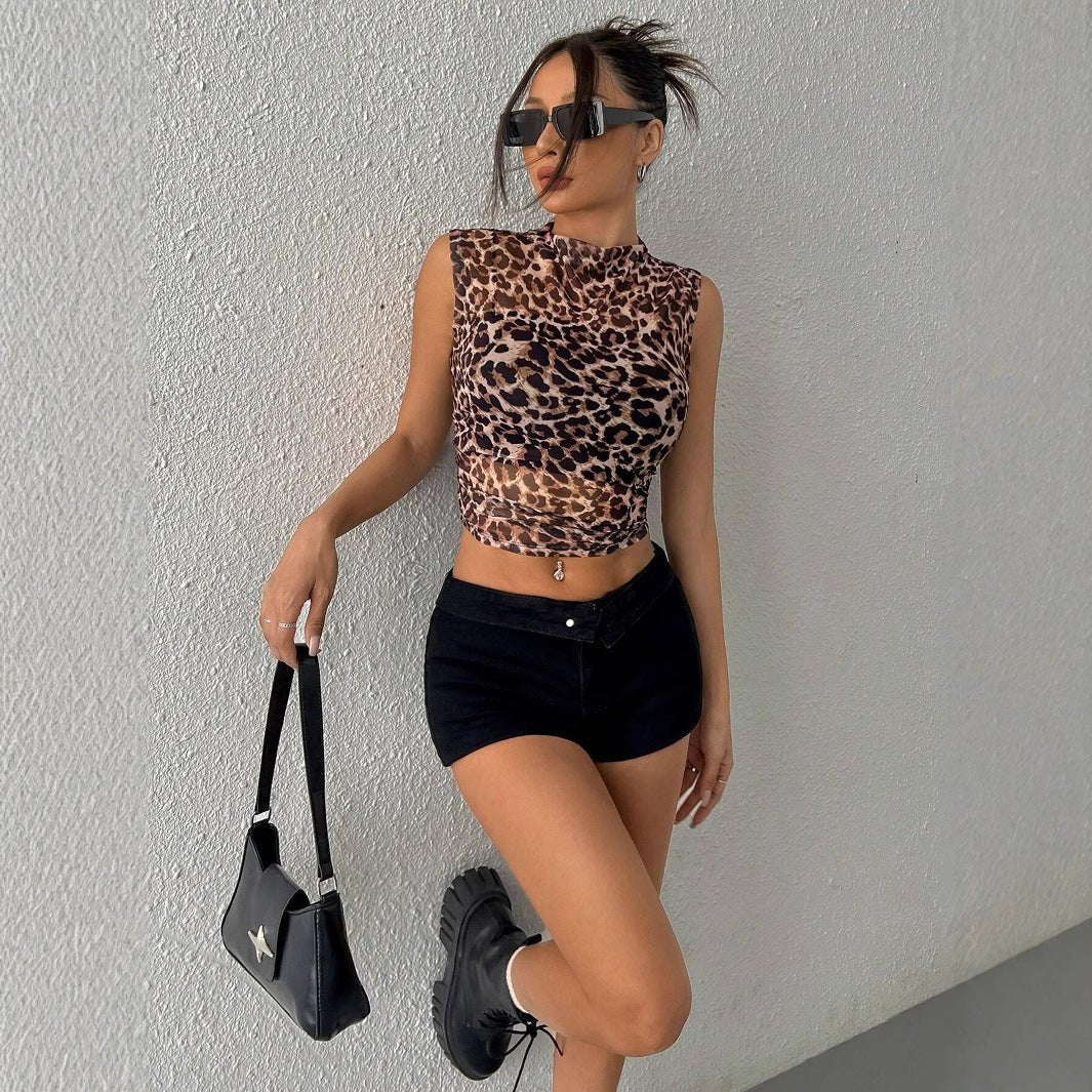 and the 2025 summer new women's clothing top slim and thin sleeveless leopard print stand - up collar sexy women's T-shirt - Negative Apparel