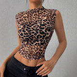 and the 2025 summer new women's clothing top slim and thin sleeveless leopard print stand - up collar sexy women's T-shirt - Negative Apparel