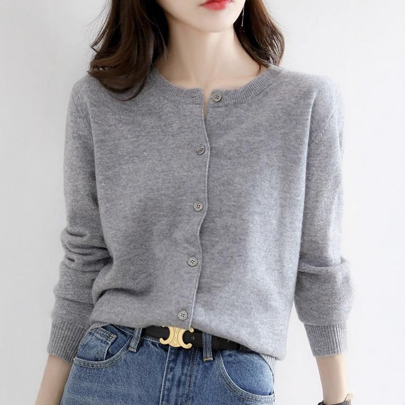 Andy velvet autumn and winter crew neck knitted cardigan jacket women's thin loose and versatile long - sleeved button - up sweater top - Negative Apparel