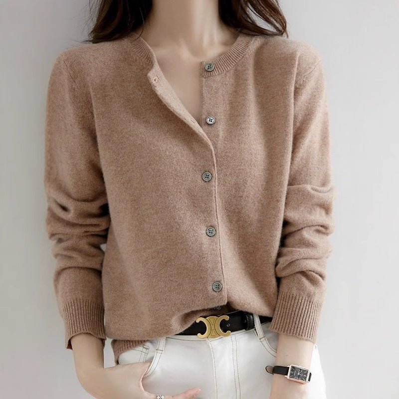 Andy velvet autumn and winter crew neck knitted cardigan jacket women's thin loose and versatile long - sleeved button - up sweater top - Negative Apparel