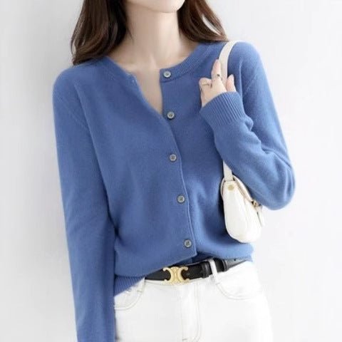 Andy velvet autumn and winter crew neck knitted cardigan jacket women's thin loose and versatile long - sleeved button - up sweater top - Negative Apparel