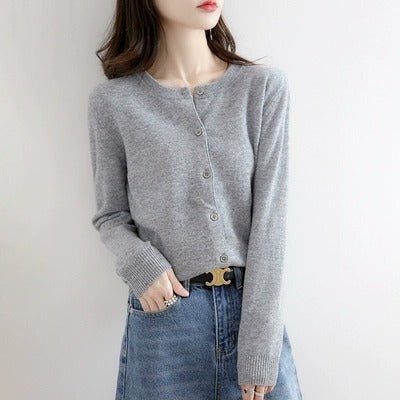 Andy velvet autumn and winter crew neck knitted cardigan jacket women's thin loose and versatile long - sleeved button - up sweater top - Negative Apparel