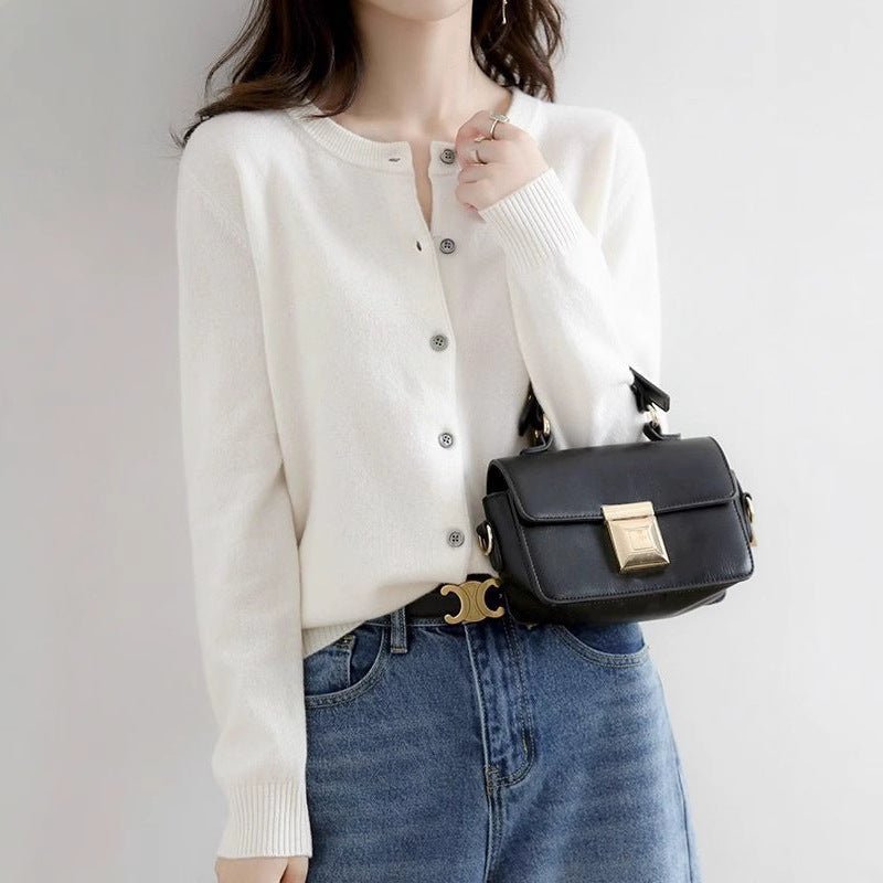 Andy velvet autumn and winter crew neck knitted cardigan jacket women's thin loose and versatile long - sleeved button - up sweater top - Negative Apparel