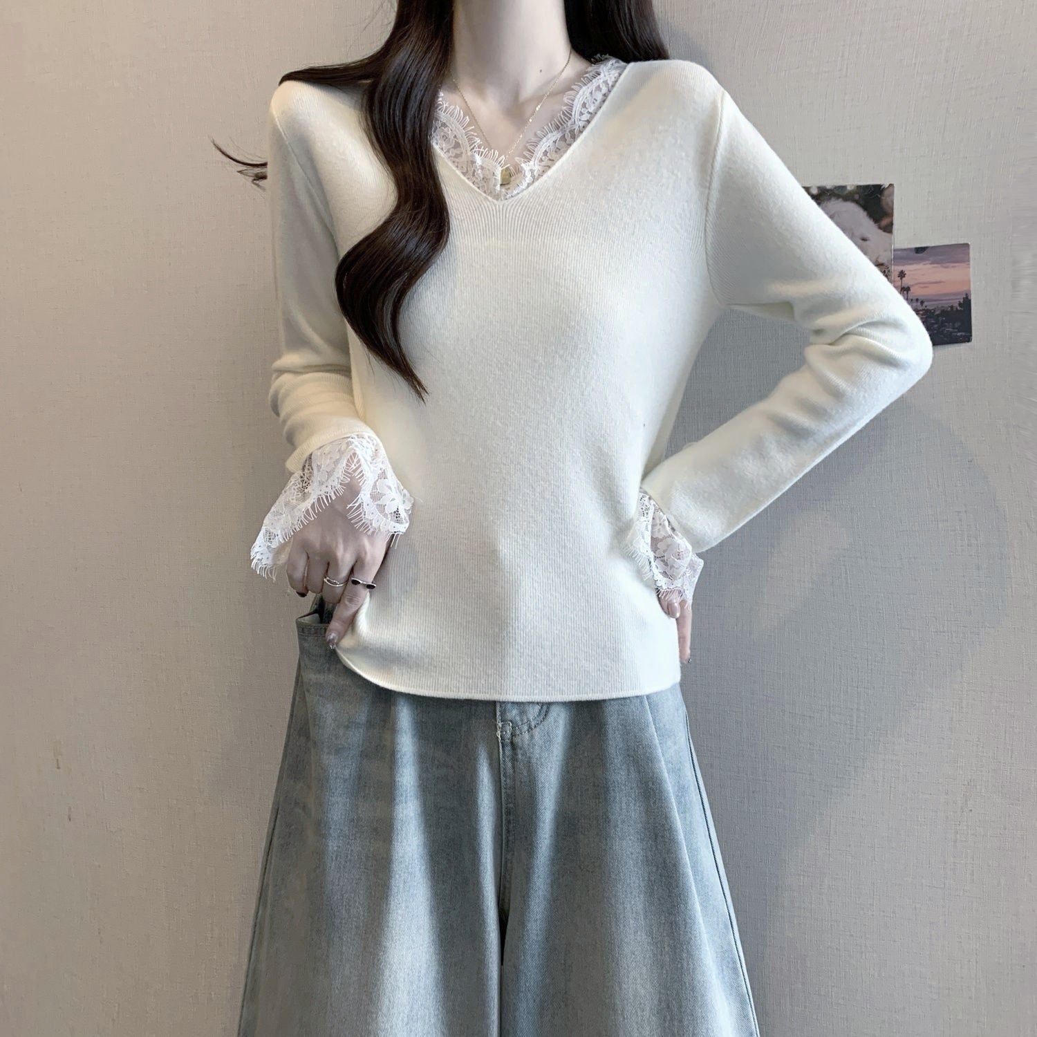 Andy velvet gentle slack v - neck lace splicing knitted bottoming top pure desire new knitted long - sleeved sweater - Negative Apparel