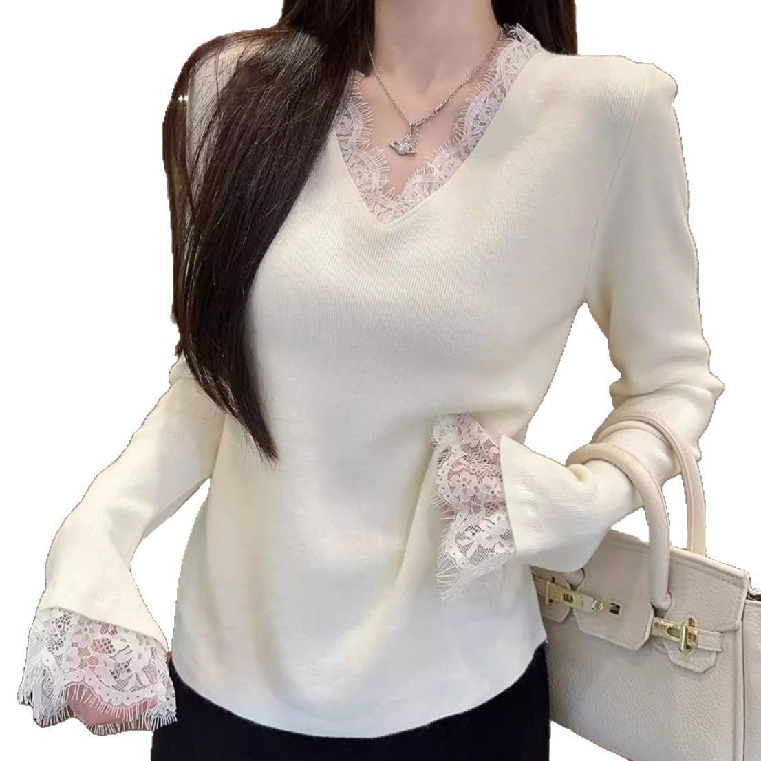 Andy velvet gentle slack v - neck lace splicing knitted bottoming top pure desire new knitted long - sleeved sweater - Negative Apparel
