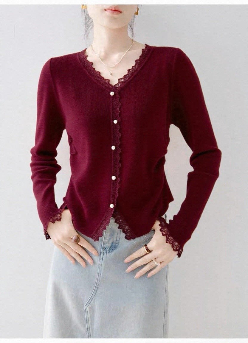 Andy velvet new lace splicing V - neck sweater knitted sweater pearl buckle age - reducing design women's foreign style top - Negative Apparel