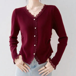 Andy velvet new lace splicing V - neck sweater knitted sweater pearl buckle age - reducing design women's foreign style top - Negative Apparel