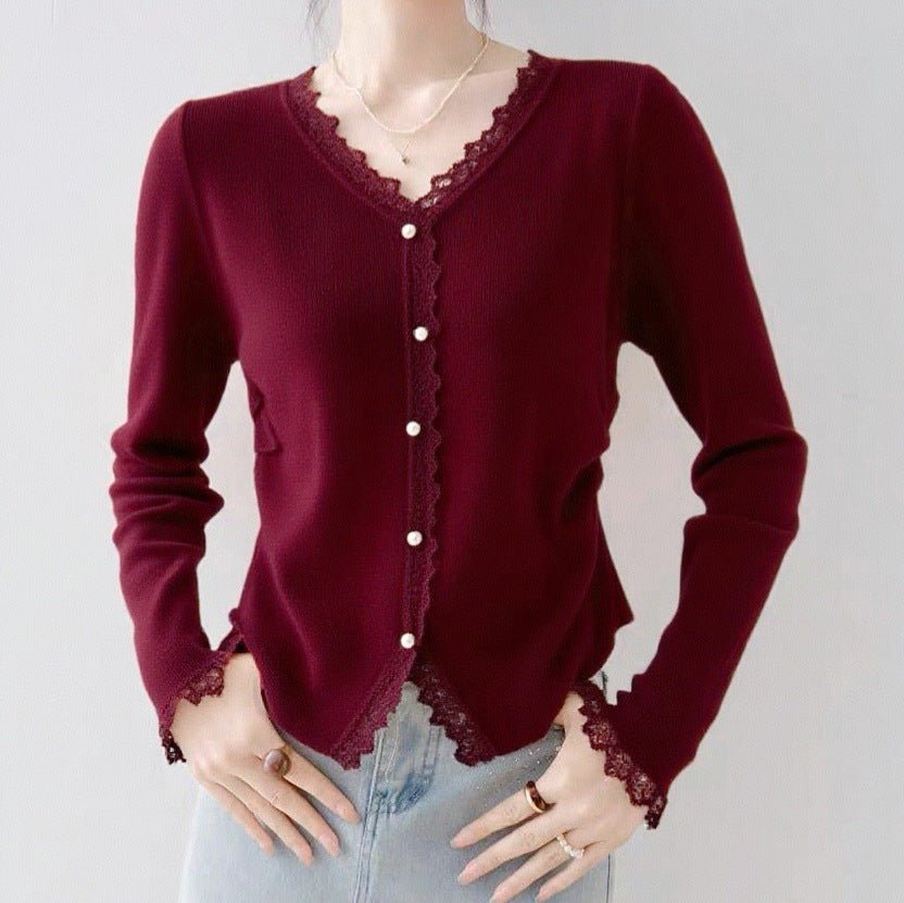Andy velvet new lace splicing V - neck sweater knitted sweater pearl buckle age - reducing design women's foreign style top - Negative Apparel