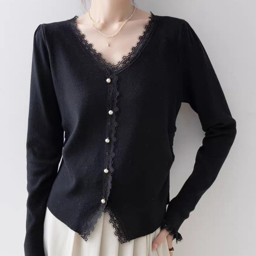 Andy velvet new lace splicing V - neck sweater knitted sweater pearl buckle age - reducing design women's foreign style top - Negative Apparel