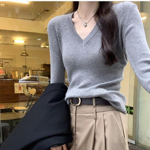 Andy velvet shoulder V - neck inside knitted bottoming shirt women's autumn and winter new slim and thin design solid color top - Negative Apparel