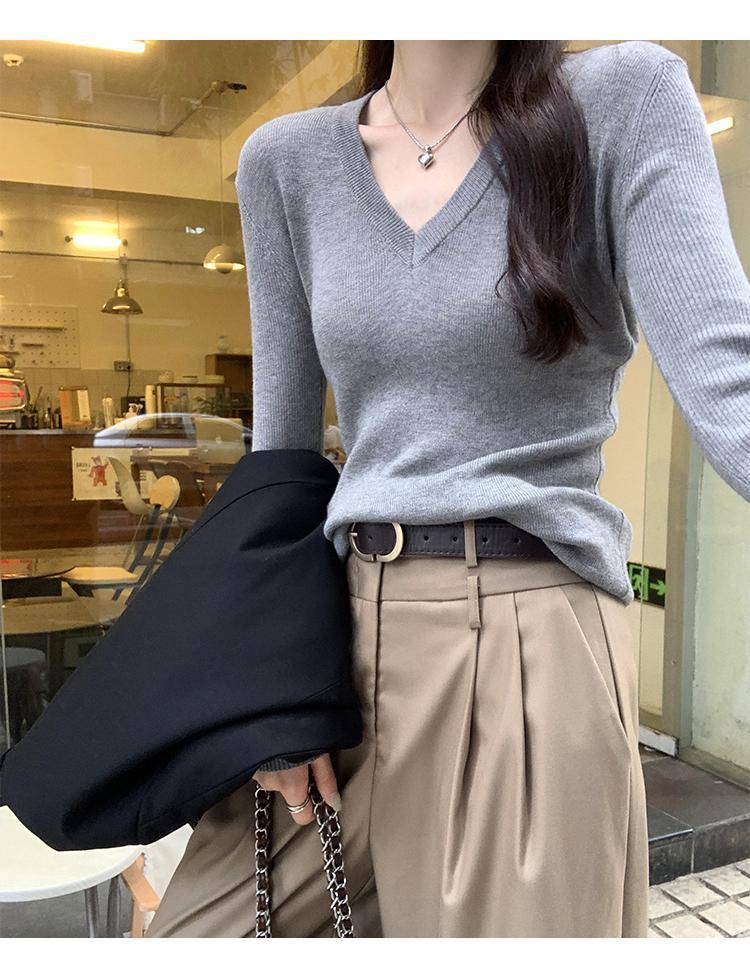 Andy velvet shoulder V - neck inside knitted bottoming shirt women's autumn and winter new slim and thin design solid color top - Negative Apparel