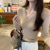 Andy velvet shoulder V - neck inside knitted bottoming shirt women's autumn and winter new slim and thin design solid color top - Negative Apparel