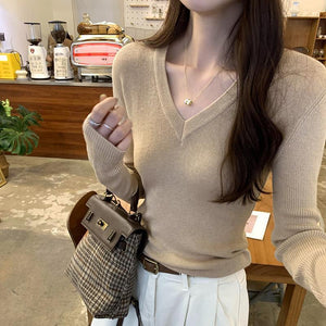 Andy velvet shoulder V - neck inside knitted bottoming shirt women's autumn and winter new slim and thin design solid color top - Negative Apparel