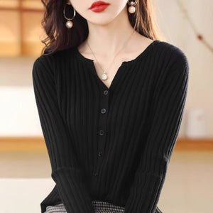 Andy velvet vertical pit strip high - end knitted cardigan women's spring and autumn new foreign style gentle wind solid color sweater top women - Negative Apparel