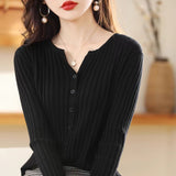 Andy velvet vertical pit strip high - end knitted cardigan women's spring and autumn new foreign style gentle wind solid color sweater top women - Negative Apparel