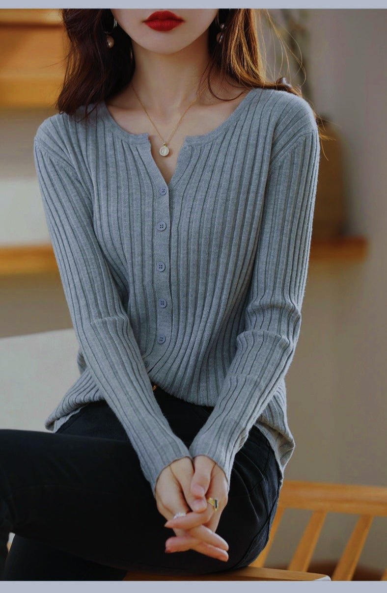 Andy velvet vertical pit strip high - end knitted cardigan women's spring and autumn new foreign style gentle wind solid color sweater top women - Negative Apparel