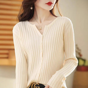 Andy velvet vertical pit strip high - end knitted cardigan women's spring and autumn new foreign style gentle wind solid color sweater top women - Negative Apparel