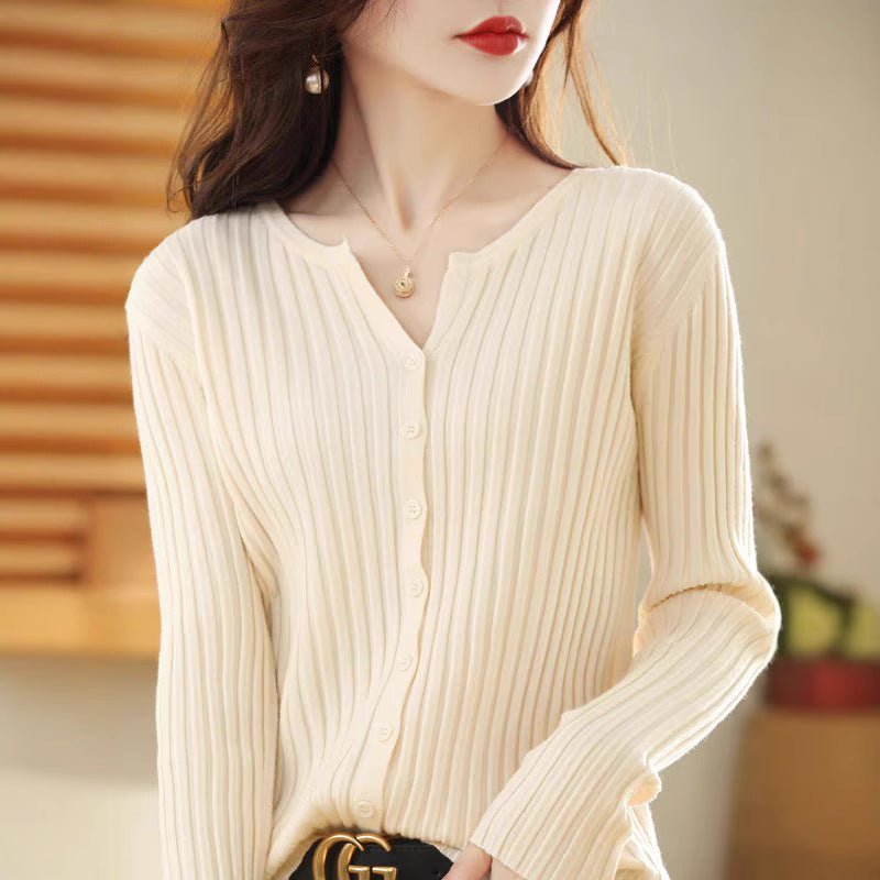 Andy velvet vertical pit strip high - end knitted cardigan women's spring and autumn new foreign style gentle wind solid color sweater top women - Negative Apparel