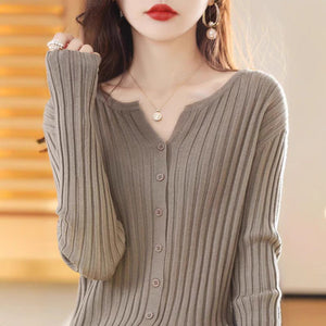Andy velvet vertical pit strip high - end knitted cardigan women's spring and autumn new foreign style gentle wind solid color sweater top women - Negative Apparel