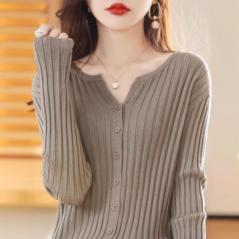 Andy velvet vertical pit strip high - end knitted cardigan women's spring and autumn new foreign style gentle wind solid color sweater top women - Negative Apparel