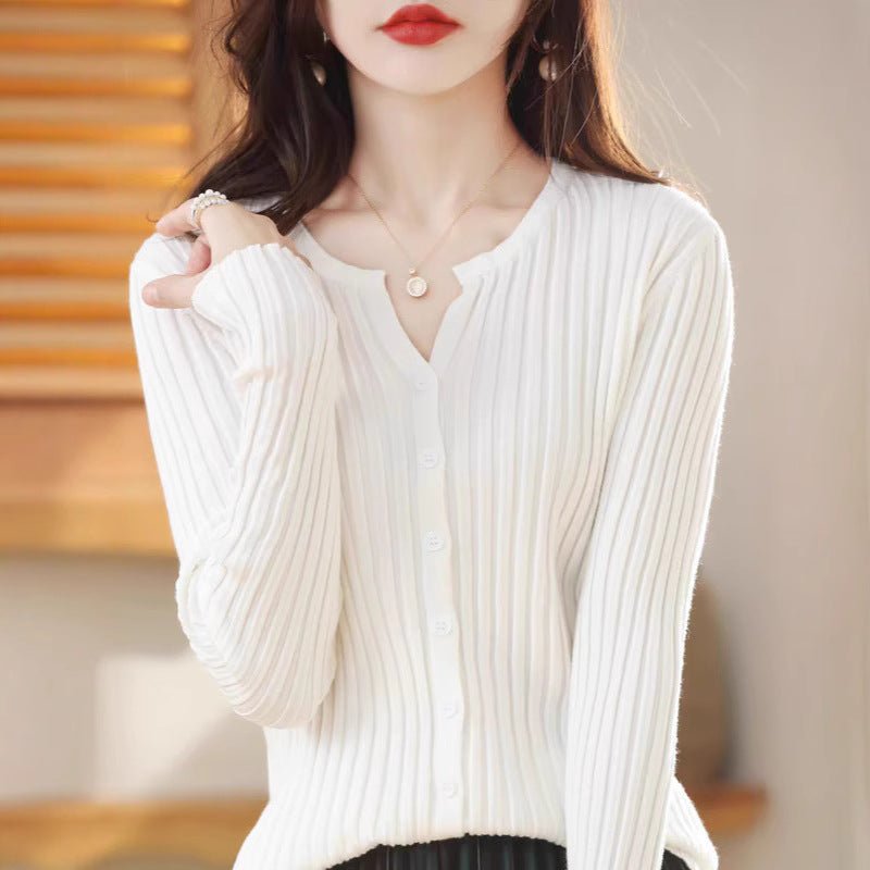 Andy velvet vertical pit strip high - end knitted cardigan women's spring and autumn new foreign style gentle wind solid color sweater top women - Negative Apparel