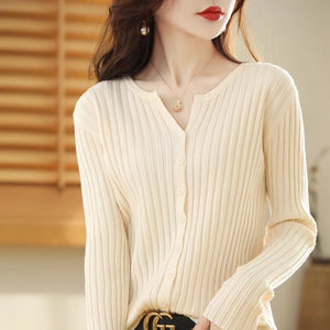 Andy velvet vertical pit strip high - end knitted cardigan women's spring and autumn new foreign style gentle wind solid color sweater top women - Negative Apparel