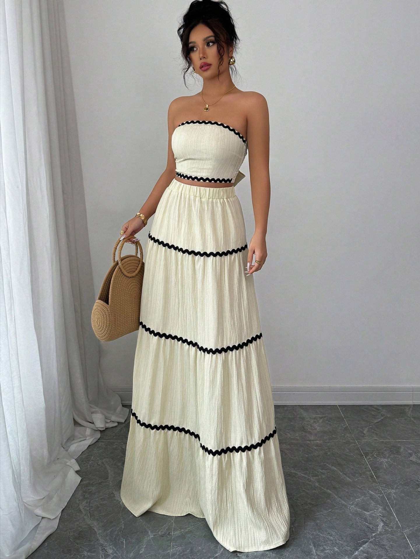 Apricot Lace Two - Piece Skirt Set – Sleeveless Crop Top & Long Skirt - Negative Apparel