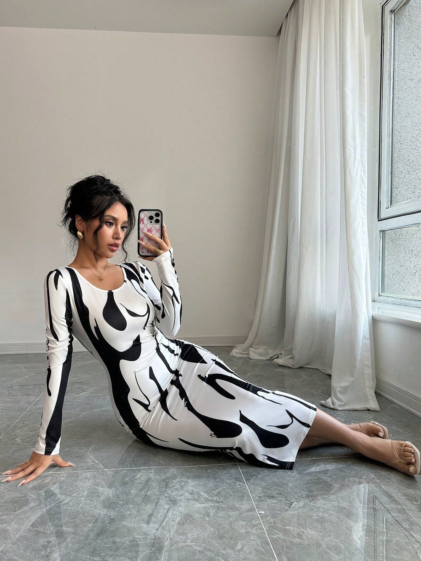 Asymmetrical Print Bodycon Long Sleeve Midi Dress For Women Maxi Women Outfit - Negative Apparel