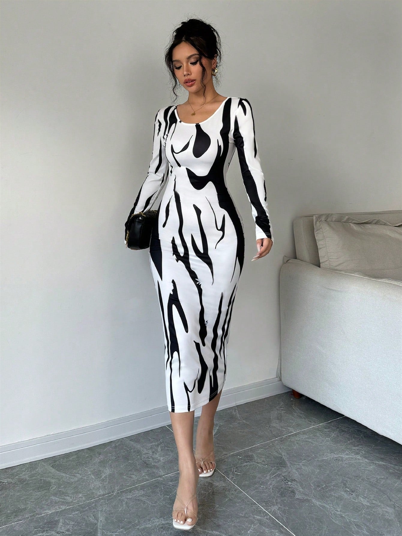 Asymmetrical Print Bodycon Long Sleeve Midi Dress For Women Maxi Women Outfit - Negative Apparel