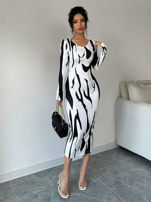 Asymmetrical Print Bodycon Long Sleeve Midi Dress For Women Maxi Women Outfit - Negative Apparel